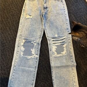 Blue Straight Leg Distressed Jeans